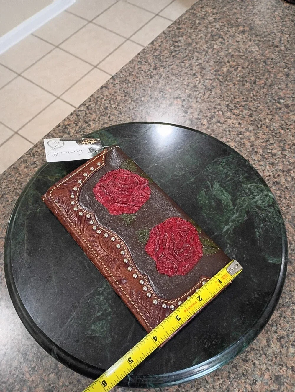 American West Handcrafted Brown Leather Clutch with Red Rose Embroidery